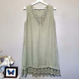 Carla Conti Linen Dress Size Small Olive Green Sleeveless Cotton Lace Vacation